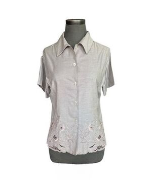 Vintage Marie Clare Gray Floral Embroidered Button Front Blouse Womens Sz 12 NWT